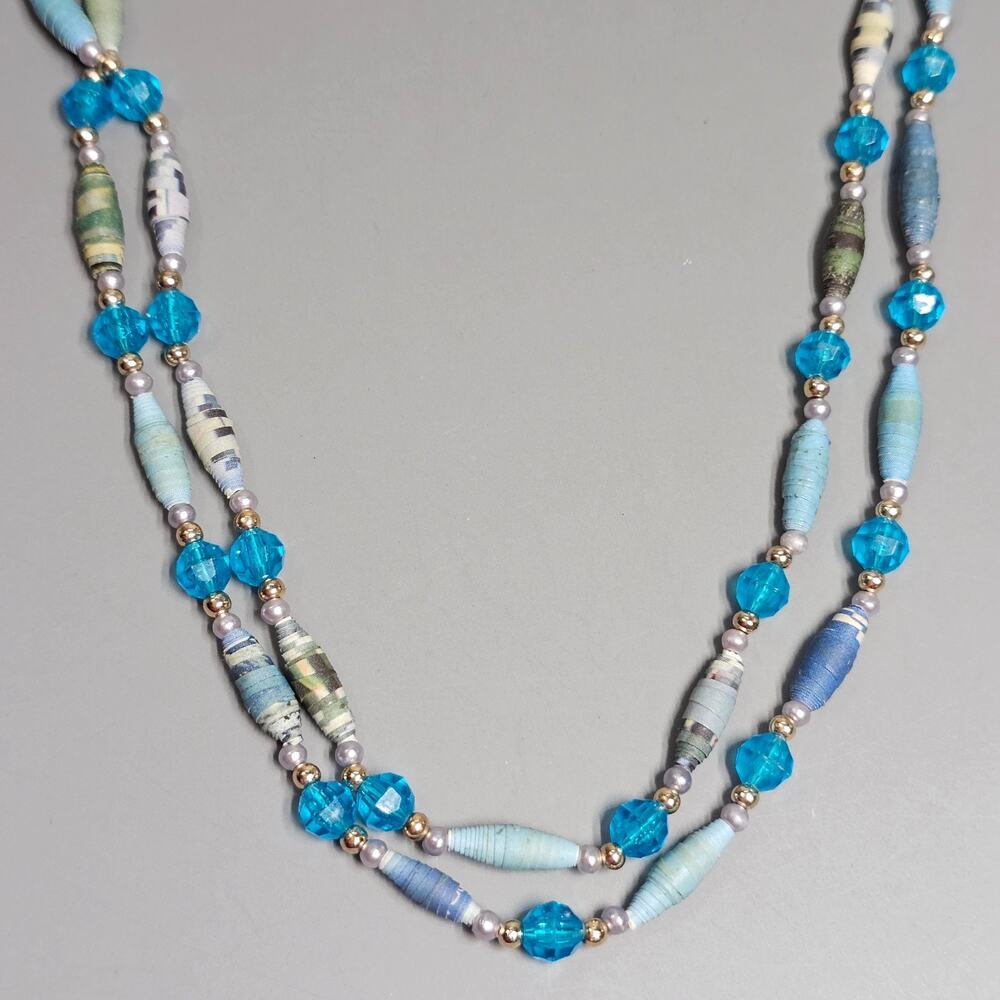 Blue Beads & Rolled Paper Necklace Single/Double Layering Gold/Silvertone 54"